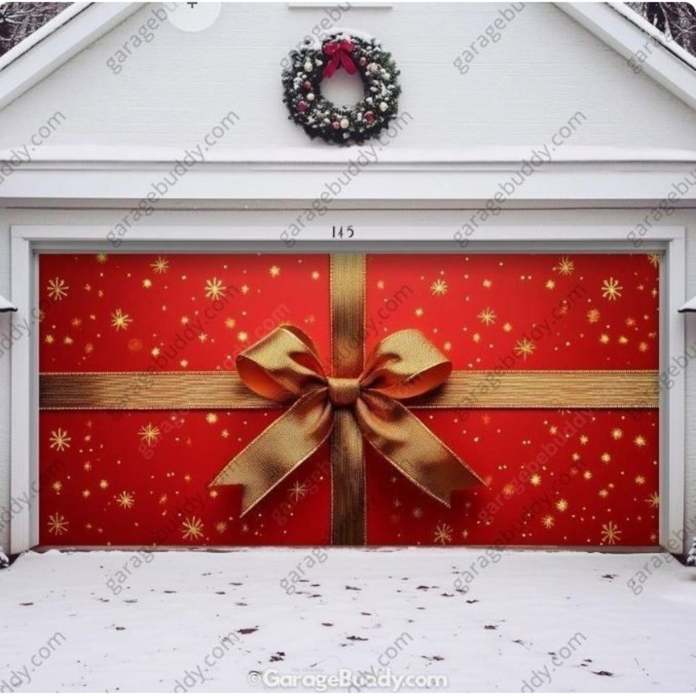 Garage Buddy Christmas Gift Bow Garage Door Cover - Double Door - 16' X 8'